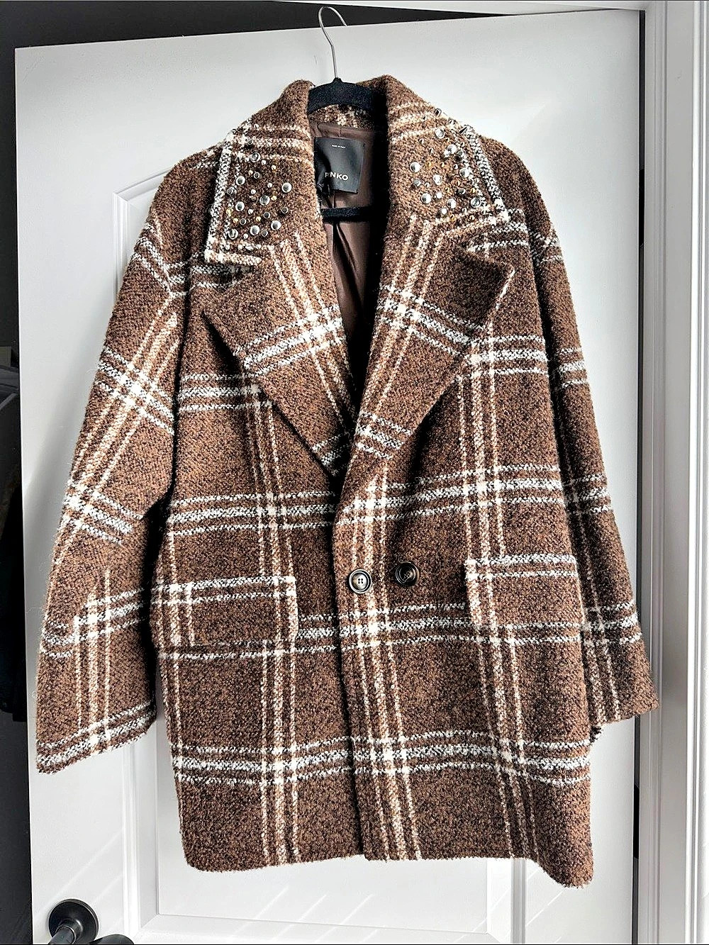 Pinko Plaid Embellished Pea Coat in Brown & White Size Medium